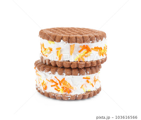 Sweet delicious ice cream cookie sandwiches isolated on white Sweet delicious ice cream cookie sandwiches isolated on white 103616566