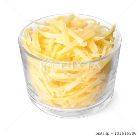 Glass bowl with grated cheese isolated on white Glass bowl with grated cheese isolated on white 103616586