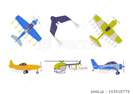 Agricultural Biplane with Propeller for Aerial Application of Pesticides Vector Illustration Set Agricultural Biplane with Propeller for Aerial Application of Pesticides Vector Illustration Set 103616779