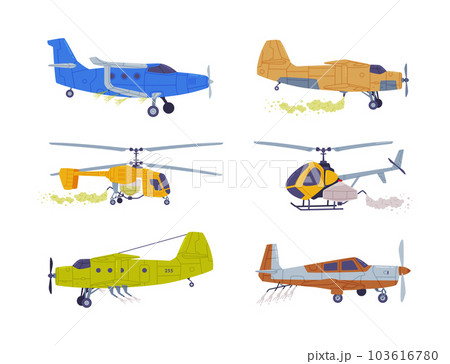 Agricultural Biplane with Propeller for Aerial Application of Pesticides Vector Illustration Set 103616780