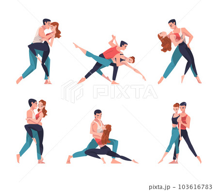 Man and Woman Dancer Moving in Tandem Performing at Choreography Class Vector Illustration Set Man and Woman Dancer Moving in Tandem Performing at Choreography Class Vector Illustration Set 103616783