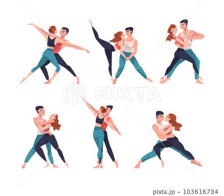 Man and Woman Dancer Moving in Tandem Performing at Choreography Class Vector Illustration Set Man and Woman Dancer Moving in Tandem Performing at Choreography Class Vector Illustration Set 103616784