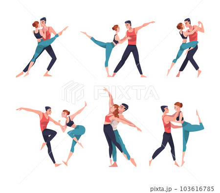 Man and Woman Dancer Moving in Tandem Performing at Choreography Class Vector Illustration Set 103616785