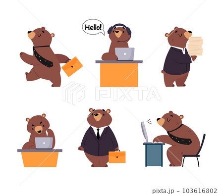 Bear Staff or Office Employee in Tie and Suit Vector Illustration Set Bear Staff or Office Employee in Tie and Suit Vector Illustration Set 103616802