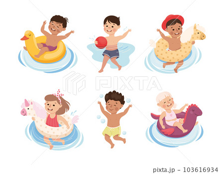 Little Children Swimming with Rubber Ring in Water Vector Set 103616934