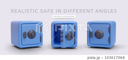 Set of 3d realistic blue safe in different angles with shadow isolated on light background. Vector illustration Set of 3d realistic blue safe in different angles with shadow isolated on light background. Vector illustration 103617068