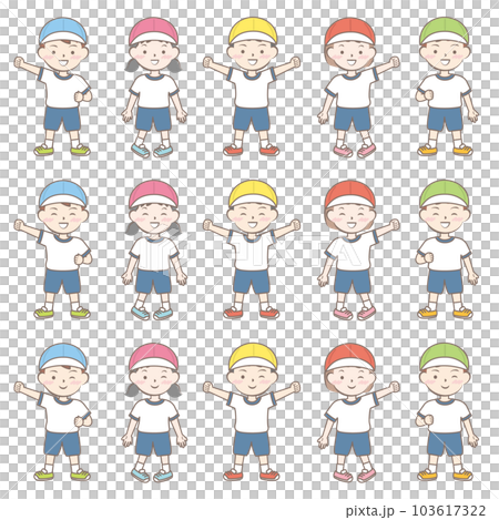 体操服の子供たち 全身 カラー帽子 体操服の子供たち 全身 カラー帽子 103617322