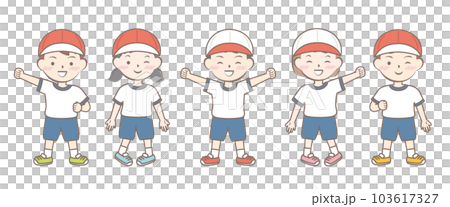 身穿運動服、全身、紅色和白色帽子的兒童 身穿運動服、全身、紅色和白色帽子的兒童 103617327