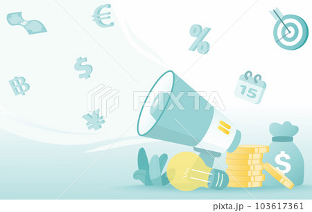 Announcement, Advertising, Communication with online digital marketing and financial concept. planning, thinking of promotion strategy or tactics to earn more money currency.  103617361