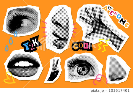 Eyes and lips and ear in halftone treatment. Collage design elements in trendy dotted pop art style. Retro Vector illustration with vintage grunge punk cutout shapes. 103617401
