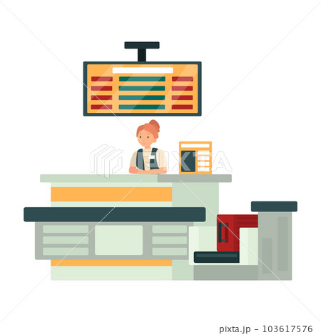 Airport Check-in Counter flat icon. Colored vector element from airport collection. Creative Airport Check-in Counter icon for web design, templates and infographics. Airport Check-in Counter flat icon. Colored vector element from airport collection. Creative Airport Check-in Counter icon for web design, templates and infographics. 103617576