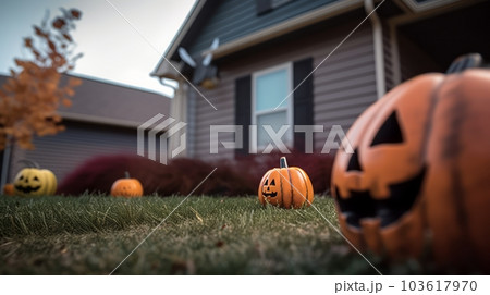 Day view of a halloween pumpkins nearby house in autumn Day view of a halloween pumpkins nearby house in autumn 103617970