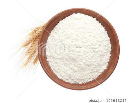Organic flour and spikelets isolated on white, top view 103618215