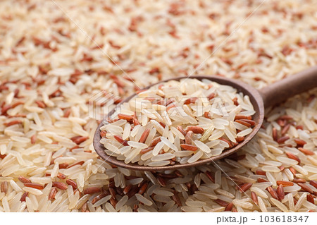 Mix of brown and polished rice with wooden spoon, closeup 103618347