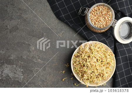 Flat lay composition with green buckwheat on grey table, space for text 103618378