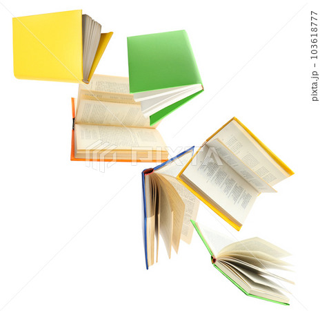 Colorful hardcover books flying on white background 103618777