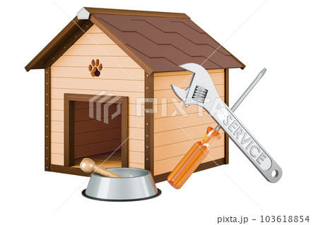 Wooden doghouse with screwdriver and wrench, 3D rendering 103618854