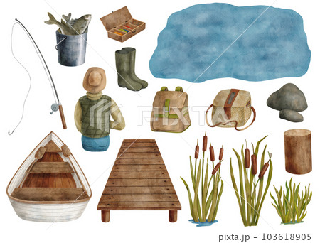 Watercolor fishing set. Hand drawn boat, reed, wood gangway, fisherman back, fishing rod, bucket with fish, lure, creel and river background isolated on white. Camping landscape creator illustration Watercolor fishing set. Hand drawn boat, reed, wood gangway, fisherman back, fishing rod, bucket with fish, lure, creel and river background isolated on white. Camping landscape creator illustration 103618905