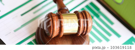 Judge gavel on business documents with statistics charts and graphs. 103619118