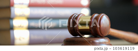 Judge gavel or hammer on sounding block and stack of law books Judge gavel or hammer on sounding block and stack of law books 103619119