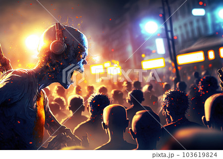 Techno zombie woth neon lights and shiny eyes. Cyberpunk horror party concept. Generated AI. 103619824