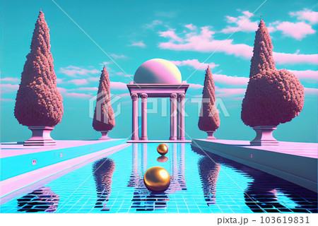 Abstract vaporwave scene with golden ball on the landscape with buildings. 80s styled pink and blue surreal architectural composition. Generated AI 103619831