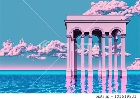 Vaporwave landscape with abstract building with pillars. 80s styled pink and blue minimalistic architectural scene. Generated AI. 103619833