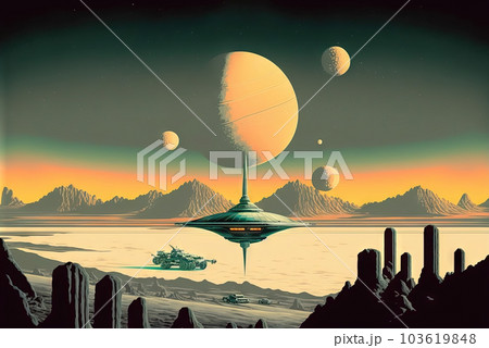 Retrofuturistic landscape in 80s sci-fi style. Retro science fiction scene with futuristic buildings. Generated AI. Retrofuturistic landscape in 80s sci-fi style. Retro science fiction scene with futuristic buildings. Generated AI. 103619848