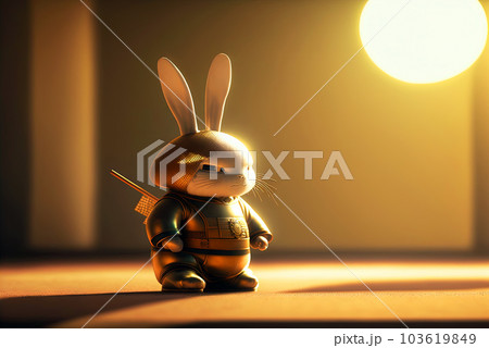Rabbit samurai toy figure. Japanese styled hare warrior in kimono with katana sword. Generated AI. 103619849