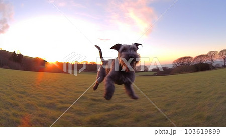 Cute puppy playing outside. Lifestyle dynamic dog photo in casual camera style. Generated AI. 103619899