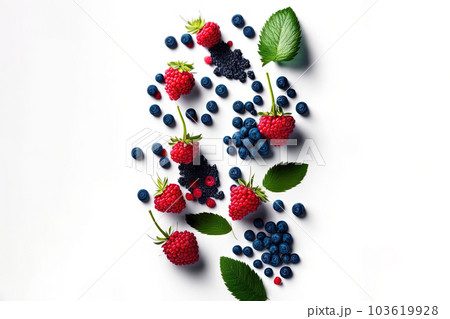 Various berries composition with leaves on white background. Juicy berries laying. Generated AI. 103619928