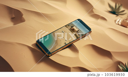 Smartphone in the sand of the beach. Vacation scene with phone on the shore line. Generative AI. 103619930