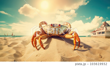 Curious crab on the sandy beach in nostalgic card style. Retro vacation postcard with crab on the coast. Generated AI. 103619932