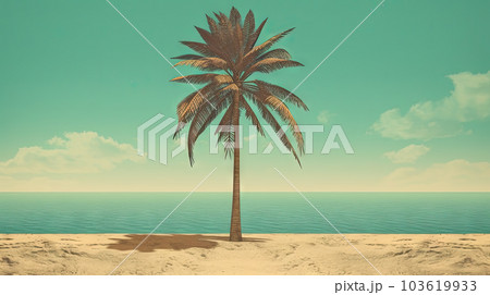 Palm tree on the sand of the beach. Vacation scene with palm on the shore line. Generative AI. 103619933