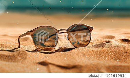 Glasses in the sand of the beach. Vacation scene with sunglass on the shore line. Generative AI. 103619934