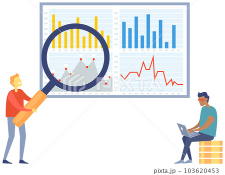 Men office worker with magnifying glass analyzes indices on presentation with graphs and charts Men office worker with magnifying glass analyzes indices on presentation with graphs and charts 103620453