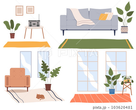 Cozy place of the room near window with chairs, table with plant in a pot, home interior scenes set 103620481