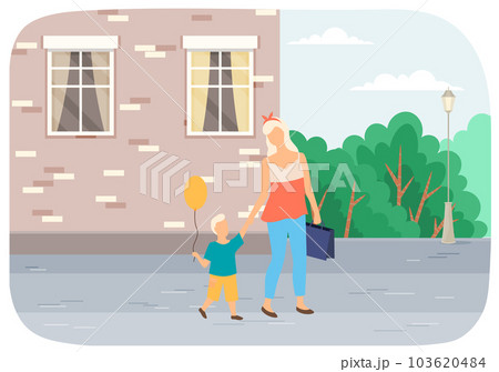 A girl with a child walking on the street. Mother with son spends time outdoors vector illustration 103620484