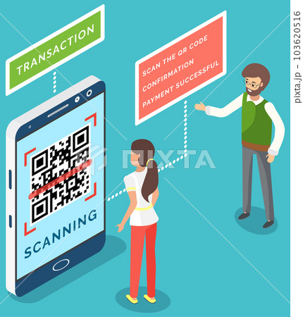 Woman and man scanning qr code via mobile phone. Customer makes paying with phone scanner 103620516