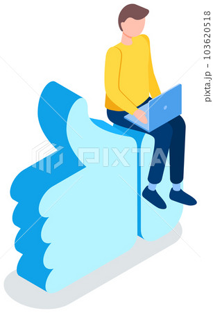 Businessman with laptop sits on sign thumbs up. Man working on computer social media feedback 103620518