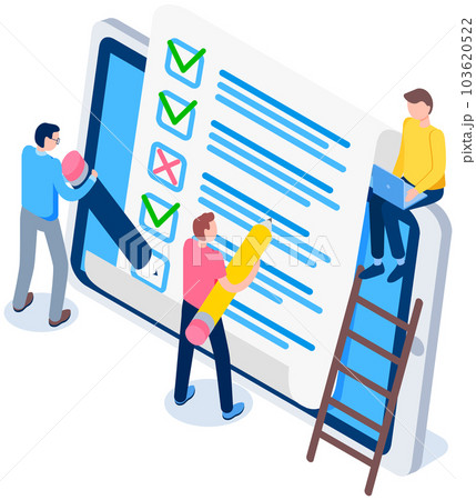 Online exam concept. Students standing near big tablet with checklist and pencil. Questionnaire form 103620522