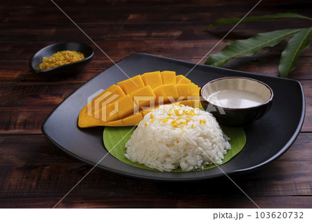 Thai Sweet Sticky Rice with Mango in black plate (Thai Dessert),Khao Niew Ma Muang 103620732