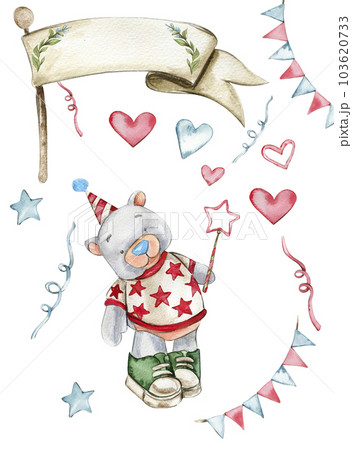 Party celebration composition. Bear and rabbit in a birthday cap. Watercolor hand drawn design for baby shower party, birthday, cake, holiday design, greetings card, invitation. Party celebration composition. Bear and rabbit in a birthday cap. Watercolor hand drawn design for baby shower party, birthday, cake, holiday design, greetings card, invitation. 103620733