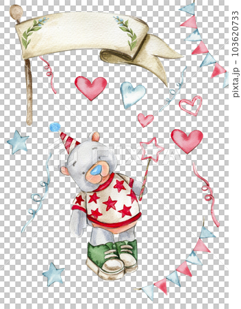 Party celebration composition. Bear and rabbit in a birthday cap. Watercolor hand drawn design for baby shower party, birthday, cake, holiday design, greetings card, invitation. Party celebration composition. Bear and rabbit in a birthday cap. Watercolor hand drawn design for baby shower party, birthday, cake, holiday design, greetings card, invitation. 103620733