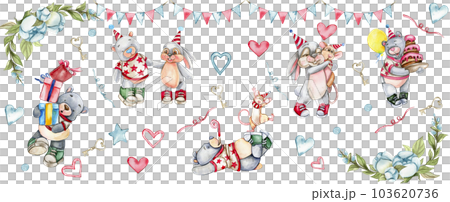 Party celebration composition. Bear and rabbit in a birthday cap. Watercolor hand drawn design for baby shower party, birthday, cake, holiday design, greetings card, invitation. Party celebration composition. Bear and rabbit in a birthday cap. Watercolor hand drawn design for baby shower party, birthday, cake, holiday design, greetings card, invitation. 103620736