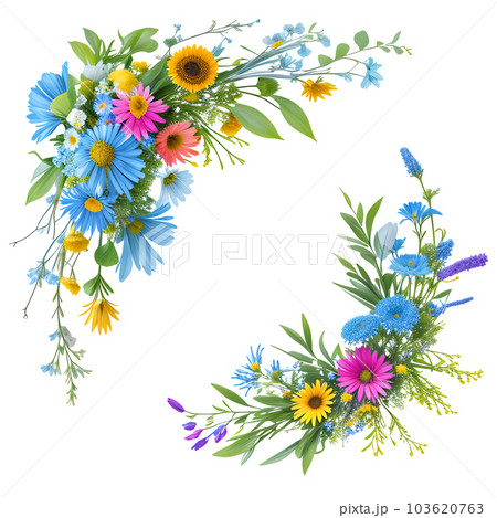 ブライダル用の美しいワイルドフラワーフレームデザイン素材。 生成型 AI。 透過PNG ブライダル用の美しいワイルドフラワーフレームデザイン素材。 生成型 AI。 透過PNG 103620763
