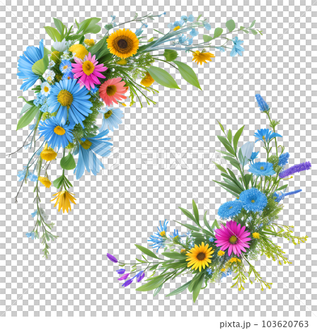 ブライダル用の美しいワイルドフラワーフレームデザイン素材。 生成型 AI。 透過PNG ブライダル用の美しいワイルドフラワーフレームデザイン素材。 生成型 AI。 透過PNG 103620763