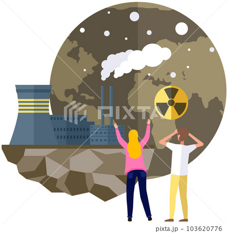 People look at plsnet destroyed by factories. Earth is victim of pollution by radiation and smoke People look at plsnet destroyed by factories. Earth is victim of pollution by radiation and smoke 103620776