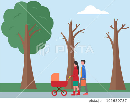 Young parents pushing stroller in autumn park. Husband and wife spend time together outdoors 103620787