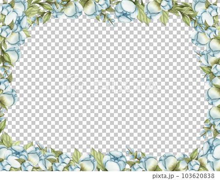 Watercolor hand drawn spring garden full of blue roses square frame. Summer illustration for scrapbooking. Cartoon hand drawn background with flower for kids design. Perfect for wedding invitation. 103620838